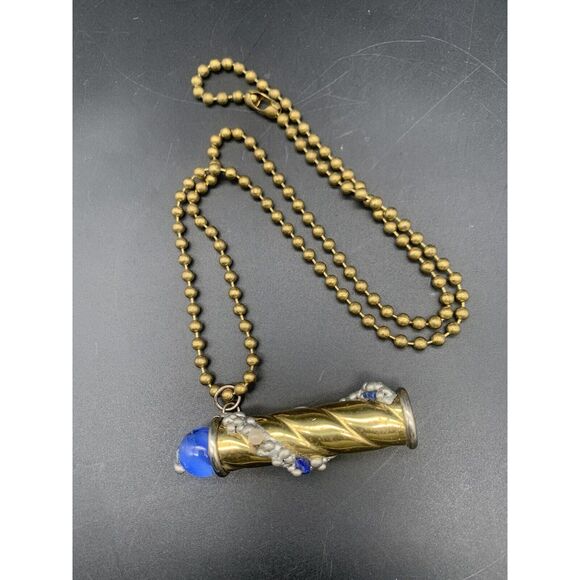 VINTAGE 3" BRASS KALEIDOSCOPE Necklace With Blue Marble - Picture 3 of 9